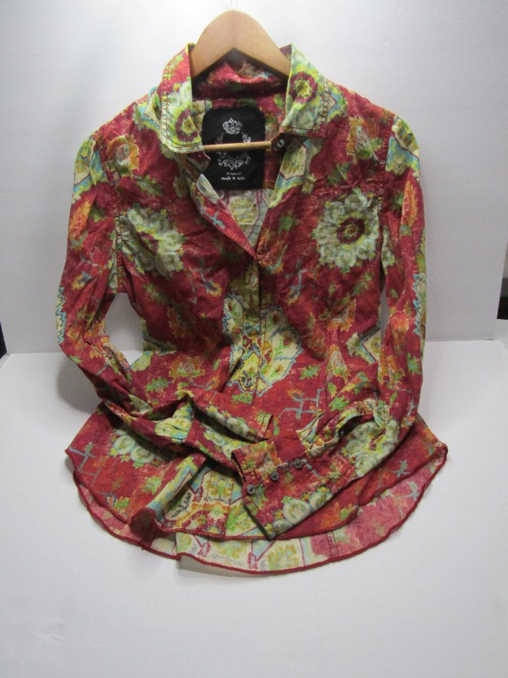 Women’s 100% Cotton Red Floral Button Front Blouse Boho Top